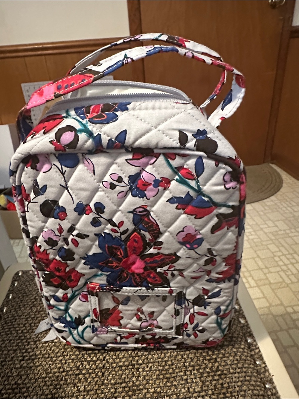Vera Bradley White Quilted Cosmetic Case with Pink, Blue & Red Floral Birds